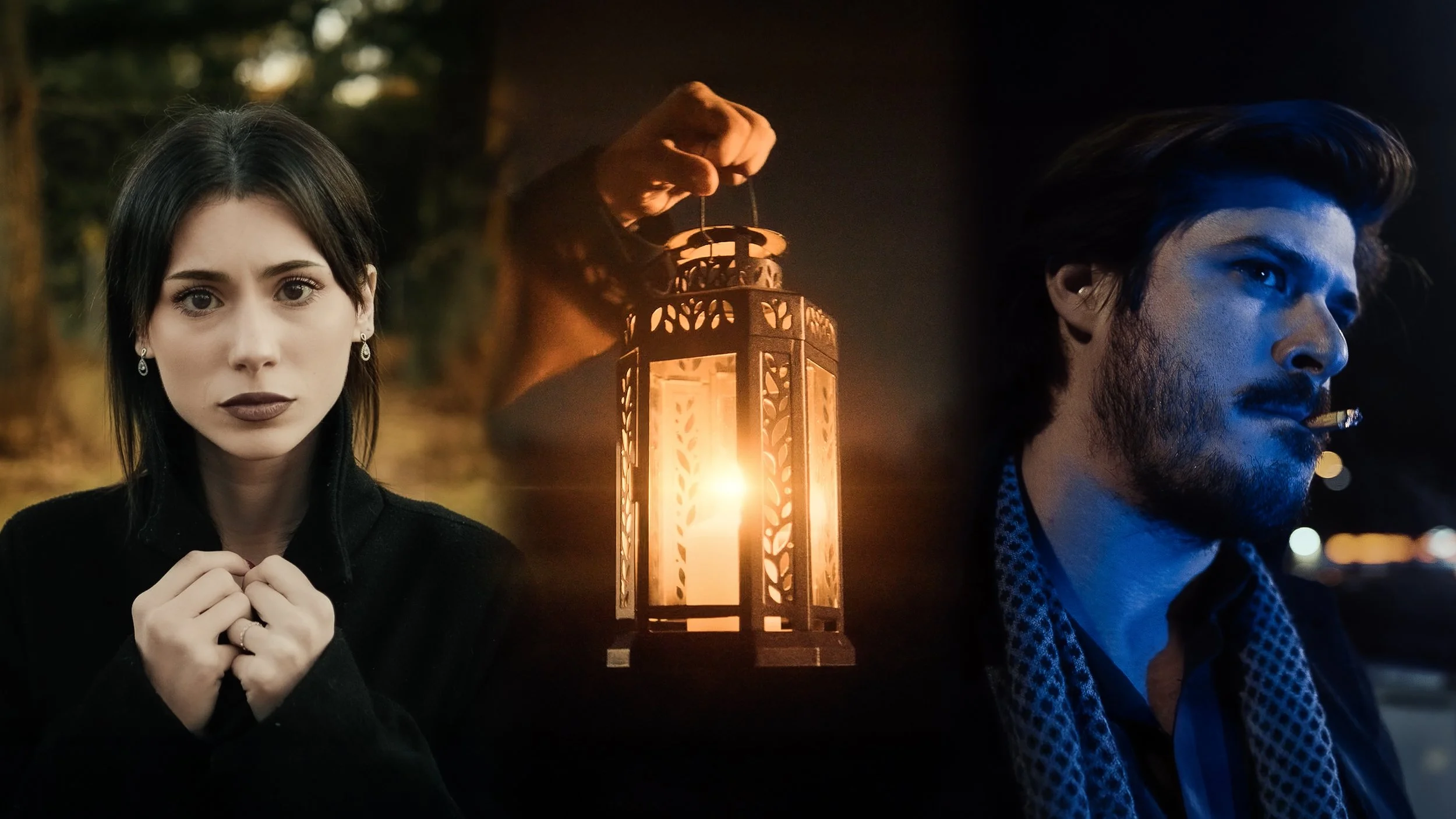 Due persone, una donna e un uomo, fotografate in controluce, con il volto esposto a sinistra. La donna ha i capelli corti neri e occhi chiusi, indossa orecchini e una giacca scura. L'uomo ha capelli e barba lunghi, fuma una sigaretta e indossa una sciarpa blu con motivi a pois. Tra loro un lanternino con luce calda, mentre lo sfondo è sfocato e notturno.