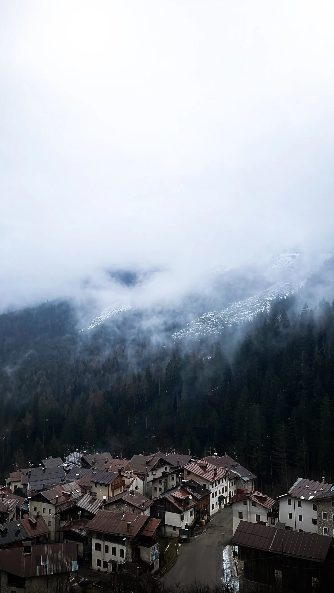 Paesino di montagna con case e tetti di vari colori, circondato da foresta e montagne in lontananza avvolte dalla nebbia