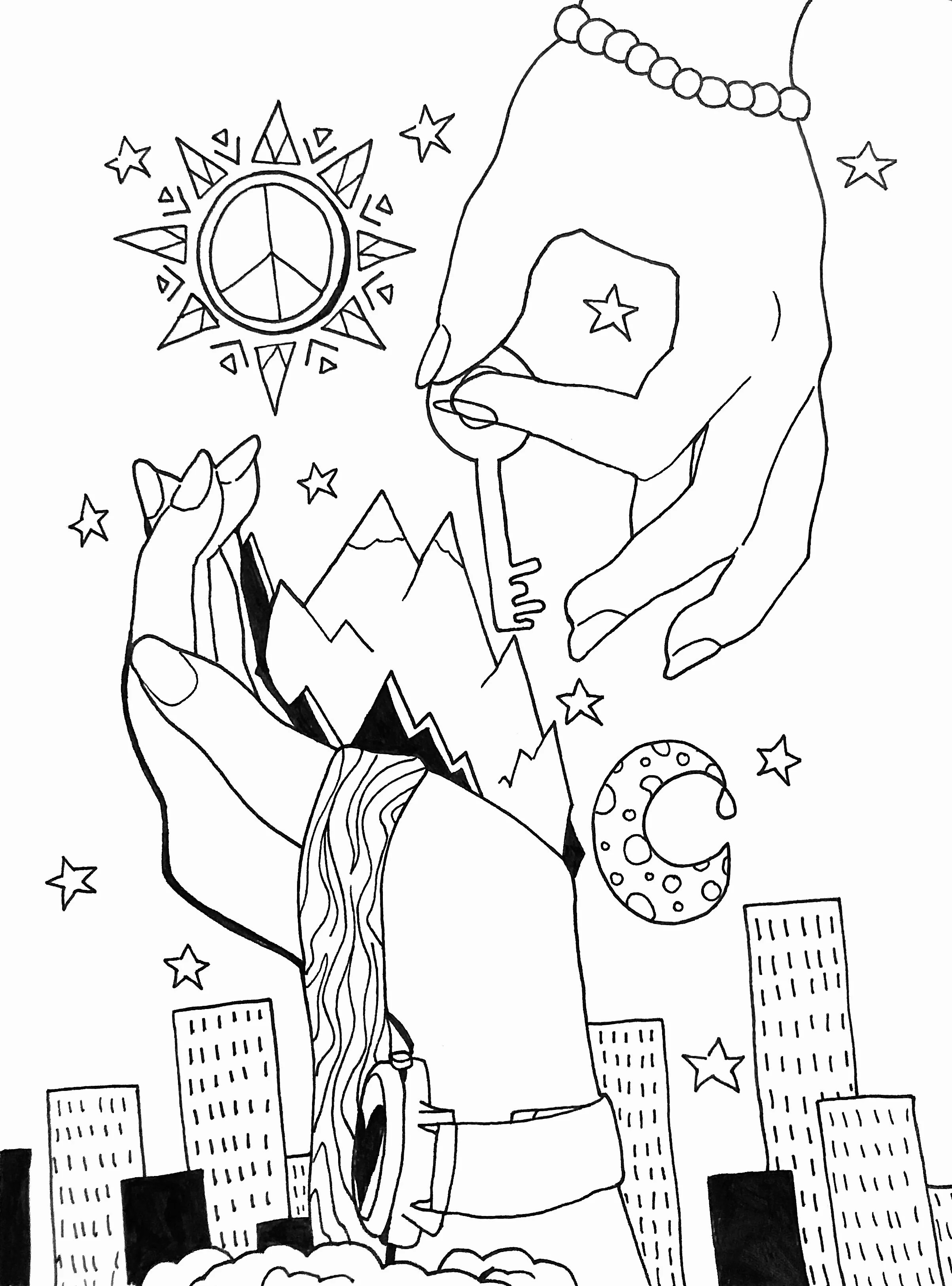 Surreal line art illustration with two hands, one holding a key over a mountain landscape. The scene includes stars, a peace symbol sun, a crescent moon, and city skyscrapers. One hand wears a bracelet and the other a watch.