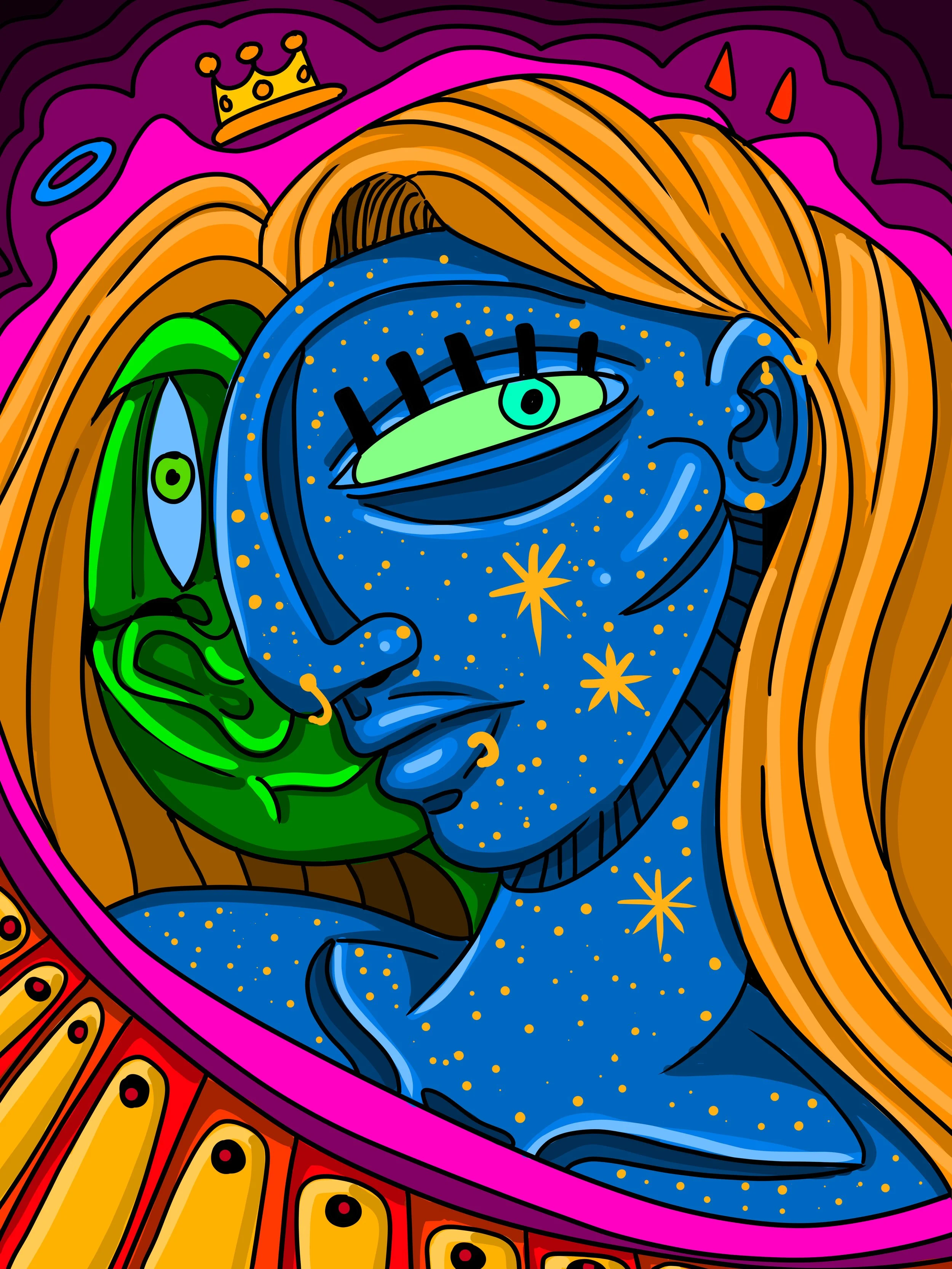 Abstract digital artwork featuring a stylized blue face with stars, green features, and long yellow hair, against a colorful background with a crown and abstract shapes.