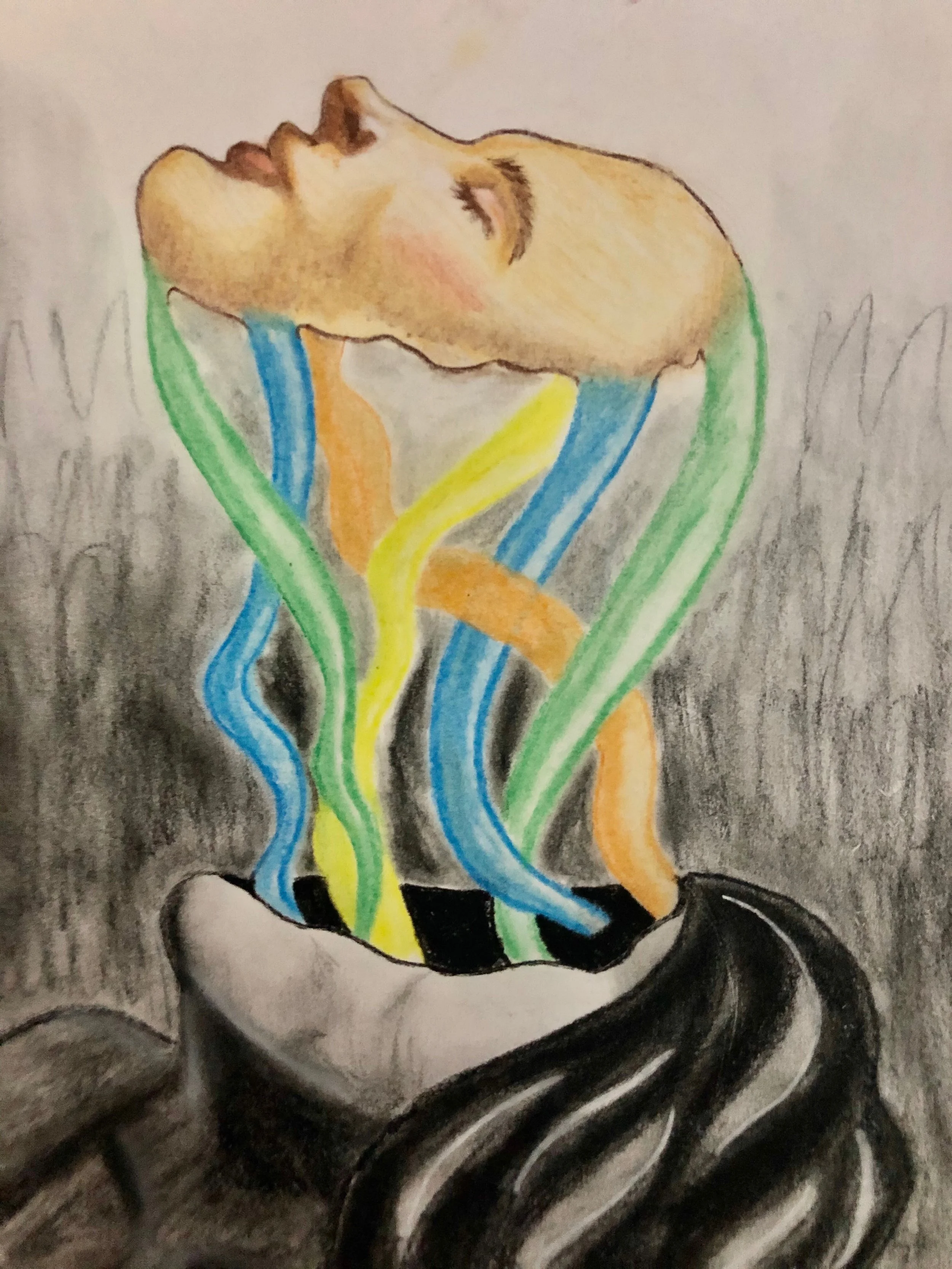Surreal drawing of a human head with colored ribbons emerging from an open top, symbolizing creativity and imagination.