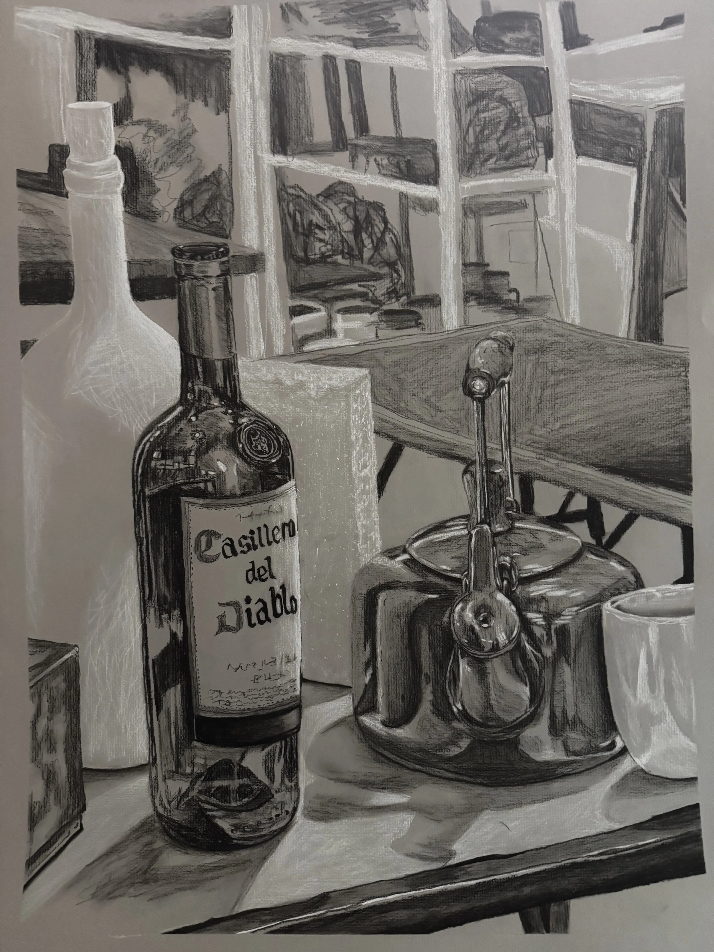 Pencil drawing of a wine bottle labeled 'Casillero del Diablo,' a kettle, a cup, and shelves in the background.
