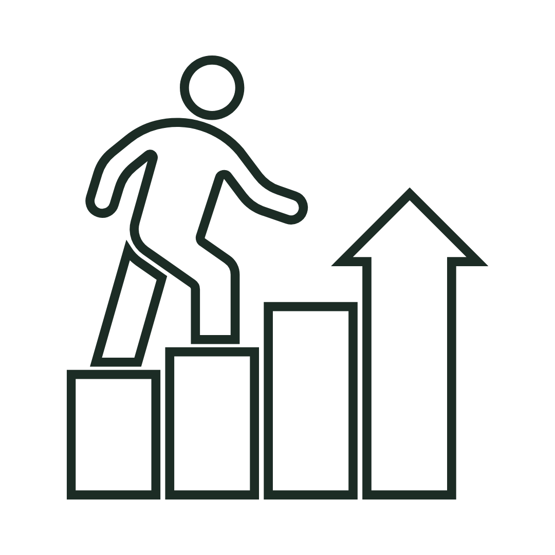 Illustration of a stick figure climbing stairs made of blocks with X marks, leading to a block with a check mark.