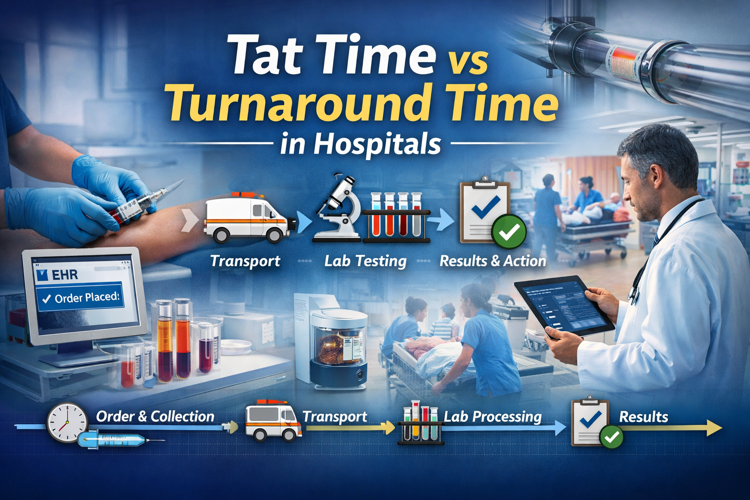 Illustration of tat time versus turnaround time in hospitals showing the full blood test journey from order and collection through transport, lab testing, and results on a clinician’s tablet.