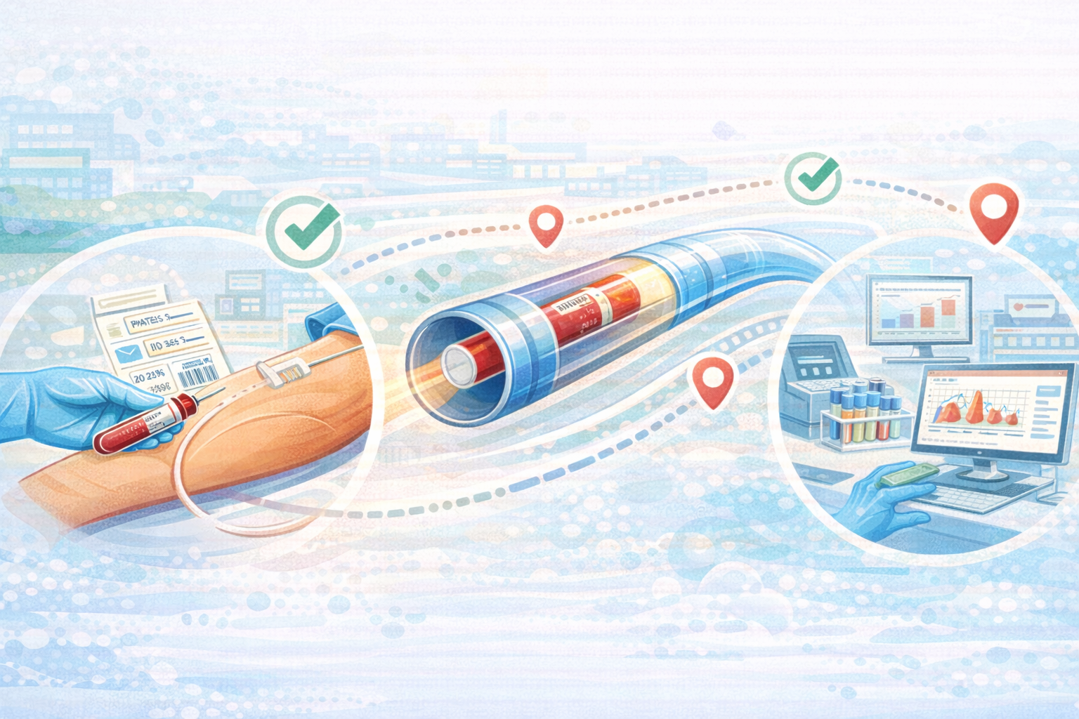Illustration of the blood sample journey from vein to result, showing a nurse drawing a blood tube, the tube traveling via pneumatic tube system, and lab staff reviewing results on a screen