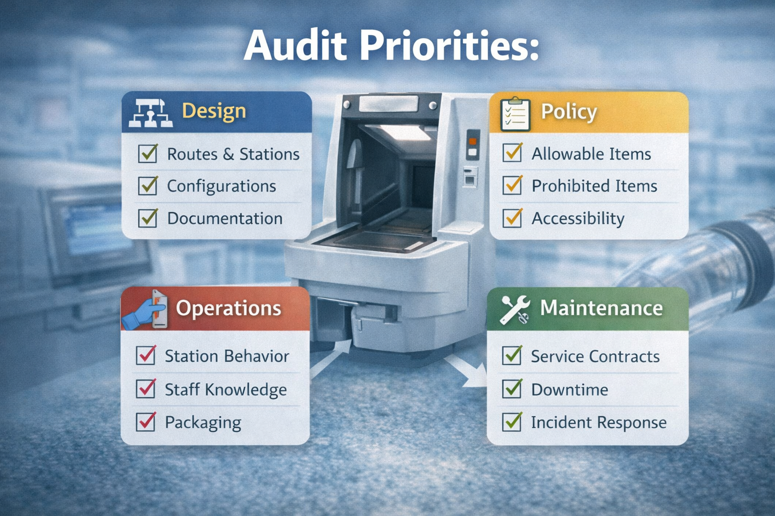 Hospital automated tube system safety audit priorities graphic showing design, policy, operations, and maintenance checklists for routes, items, staff behavior, contracts, downtime, and incident response