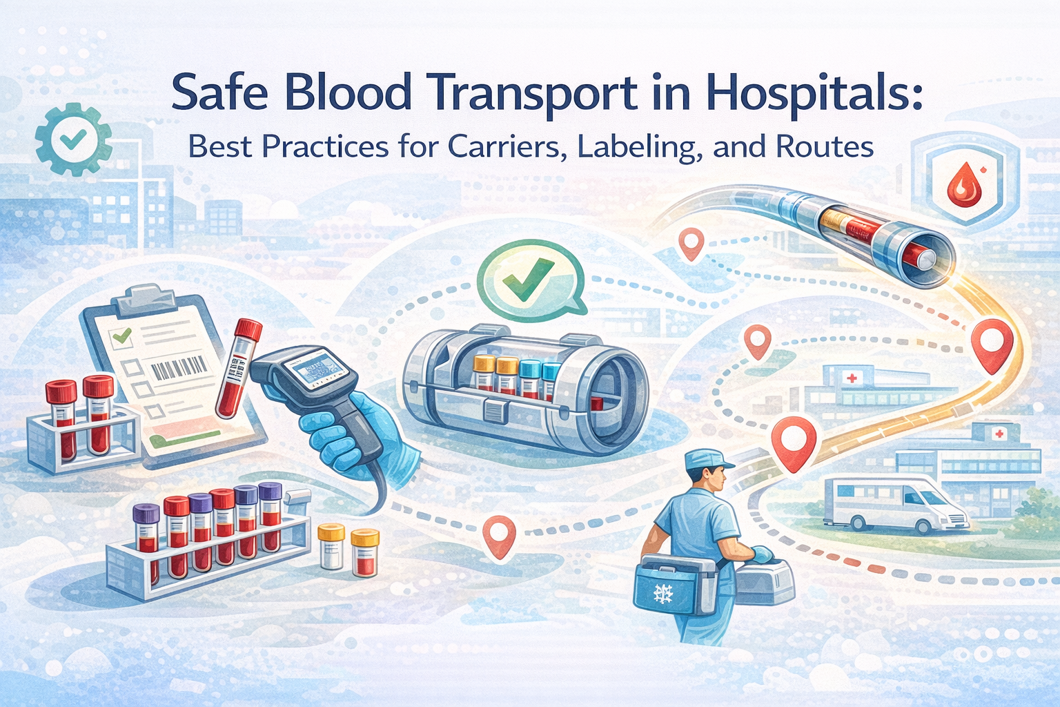 Hospital nurse placing labeled blood tubes into a secure carrier for blood transportation to the lab, illustrating safe blood transport in hospitals with proper labeling, containers, and routes