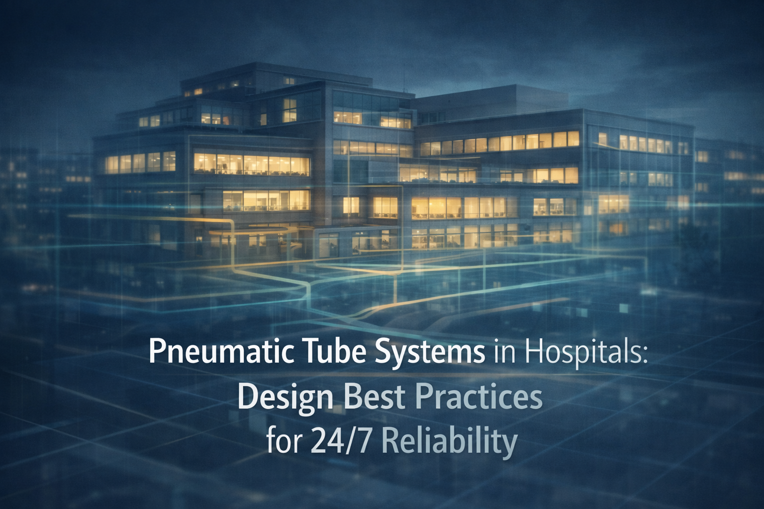 Futuristic nighttime illustration of a hospital building with glowing network lines representing pneumatic tube systems in hospitals connecting departments.