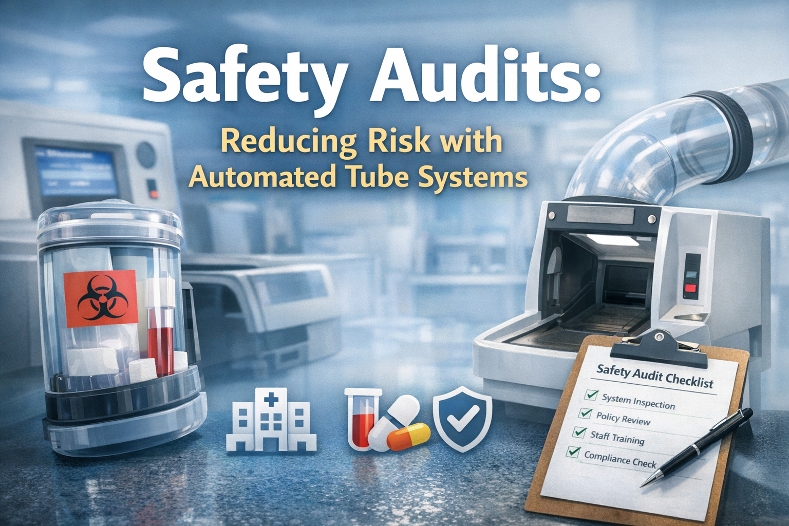Safety audits for automated hospital tube systems infographic showing risk reduction checklist, specimen transport, and pneumatic tube system safety visuals