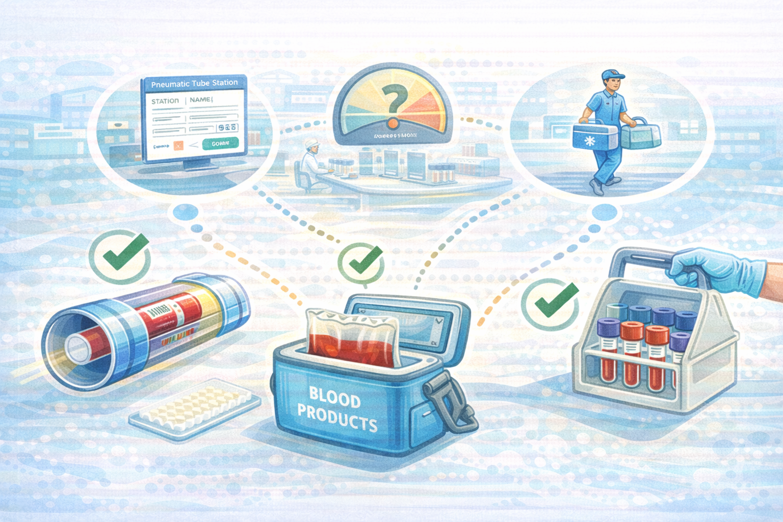 Icons of a pneumatic tube carrier, blood cooler, and rack of blood tubes, showing approved methods for safe blood transportation in hospitals.