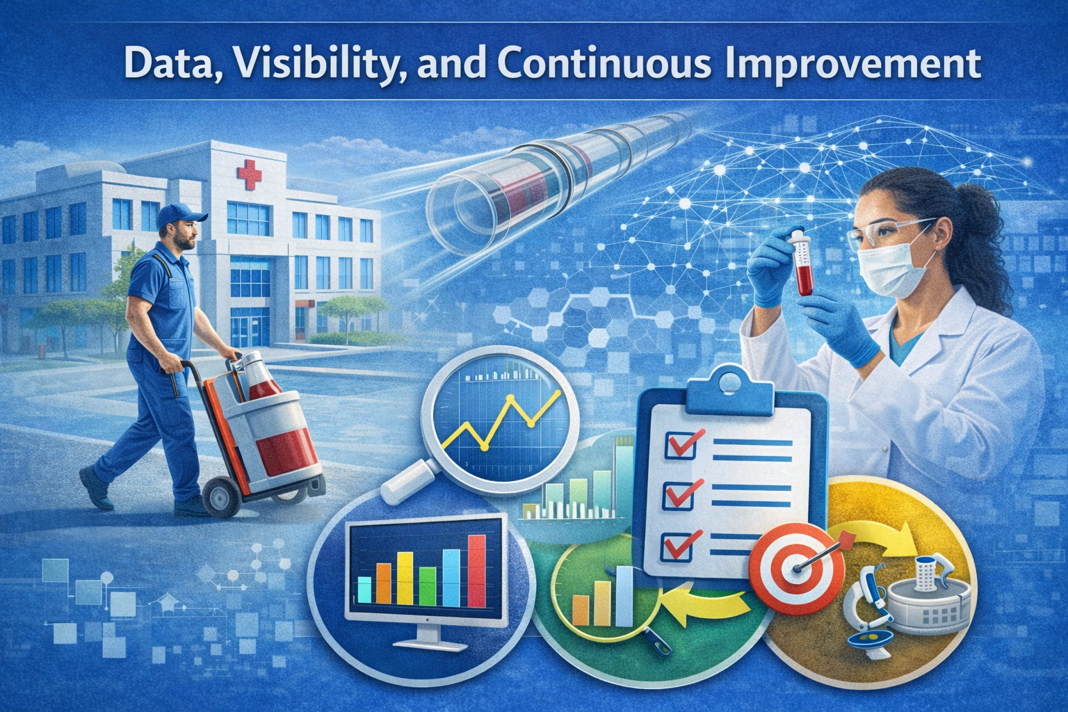 Hospital pneumatic tube system data and visibility graphic showing courier transport, lab scientist, and dashboards for route performance and continuous improvement.