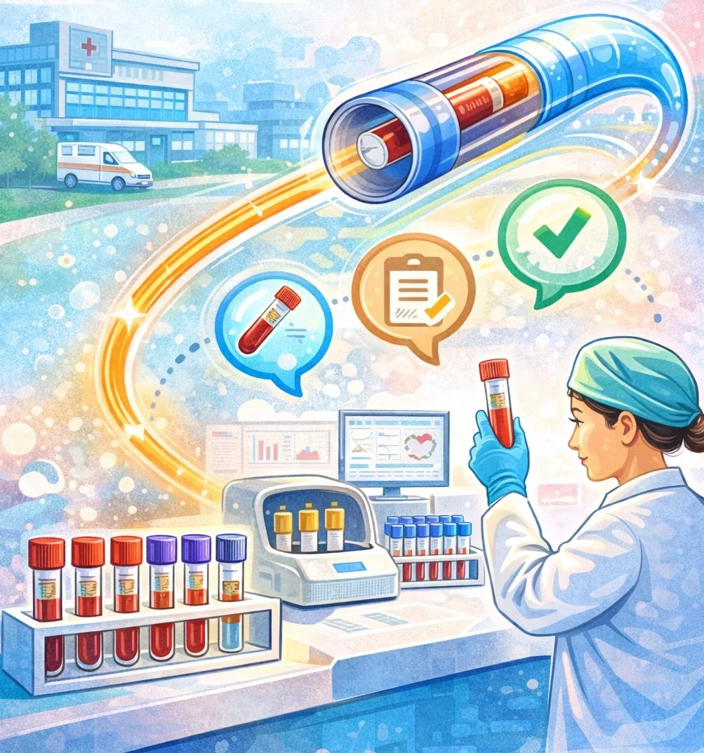 Blood samples moving through a hospital pneumatic tube system to a lab technologist checking labeled tubes and results, illustrating pre‑analytical quality and validation.