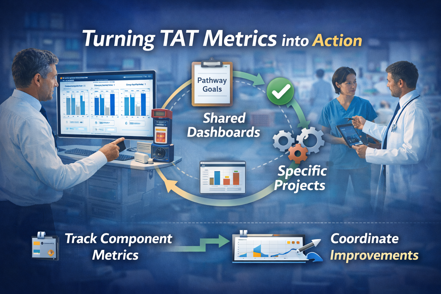 Infographic showing clinicians using shared dashboards to turn TAT metrics into action