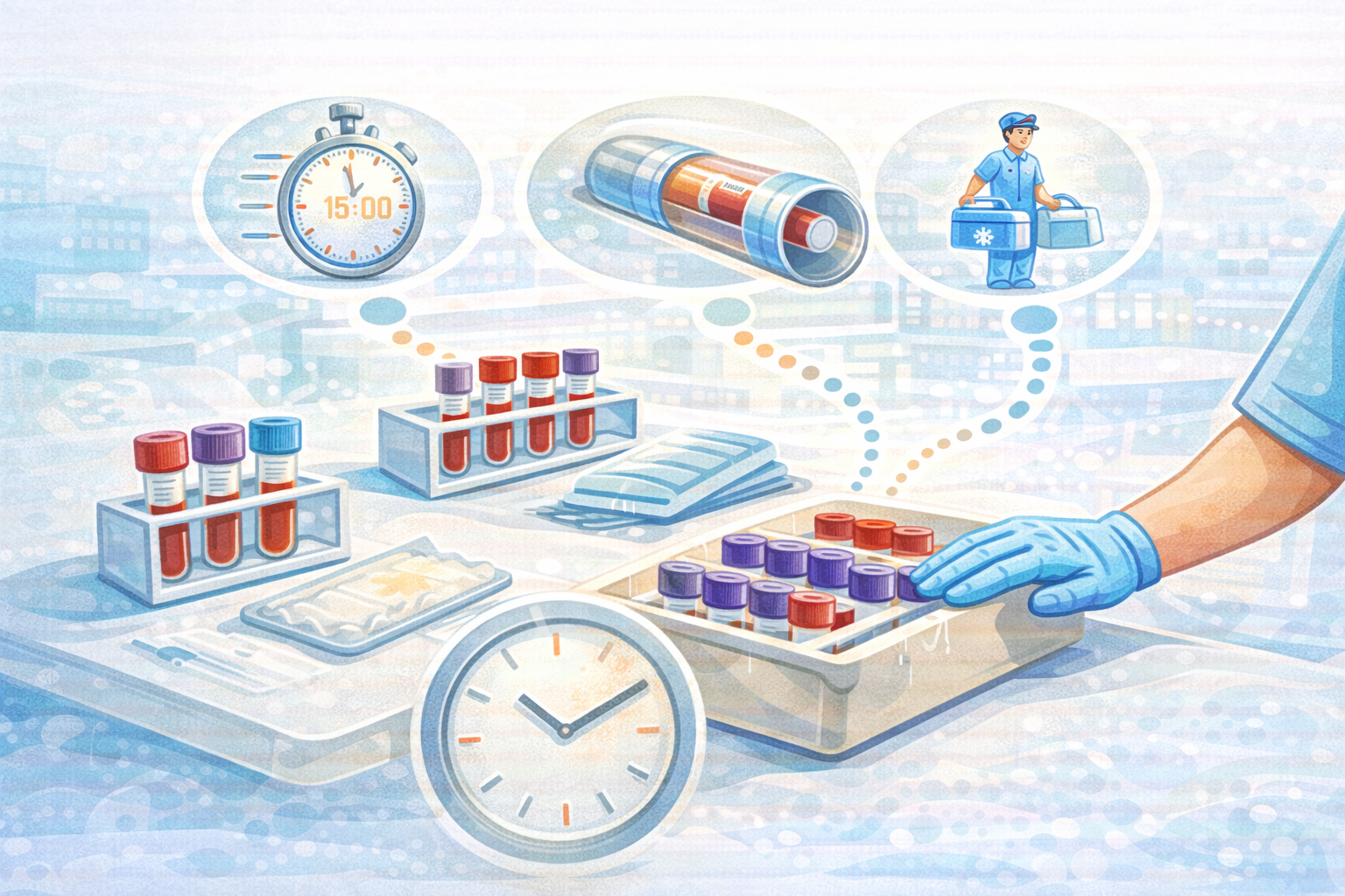 Gloved hands organizing blood tubes in a tray with clocks and a carrier icon, illustrating timing and transport in blood transportation.