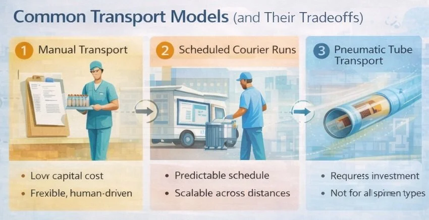 Infographic titled ‘Common Transport Models and Their Tradeoffs’ comparing three options—Manual Transport, Scheduled Courier Runs, and Pneumatic Tube Transport