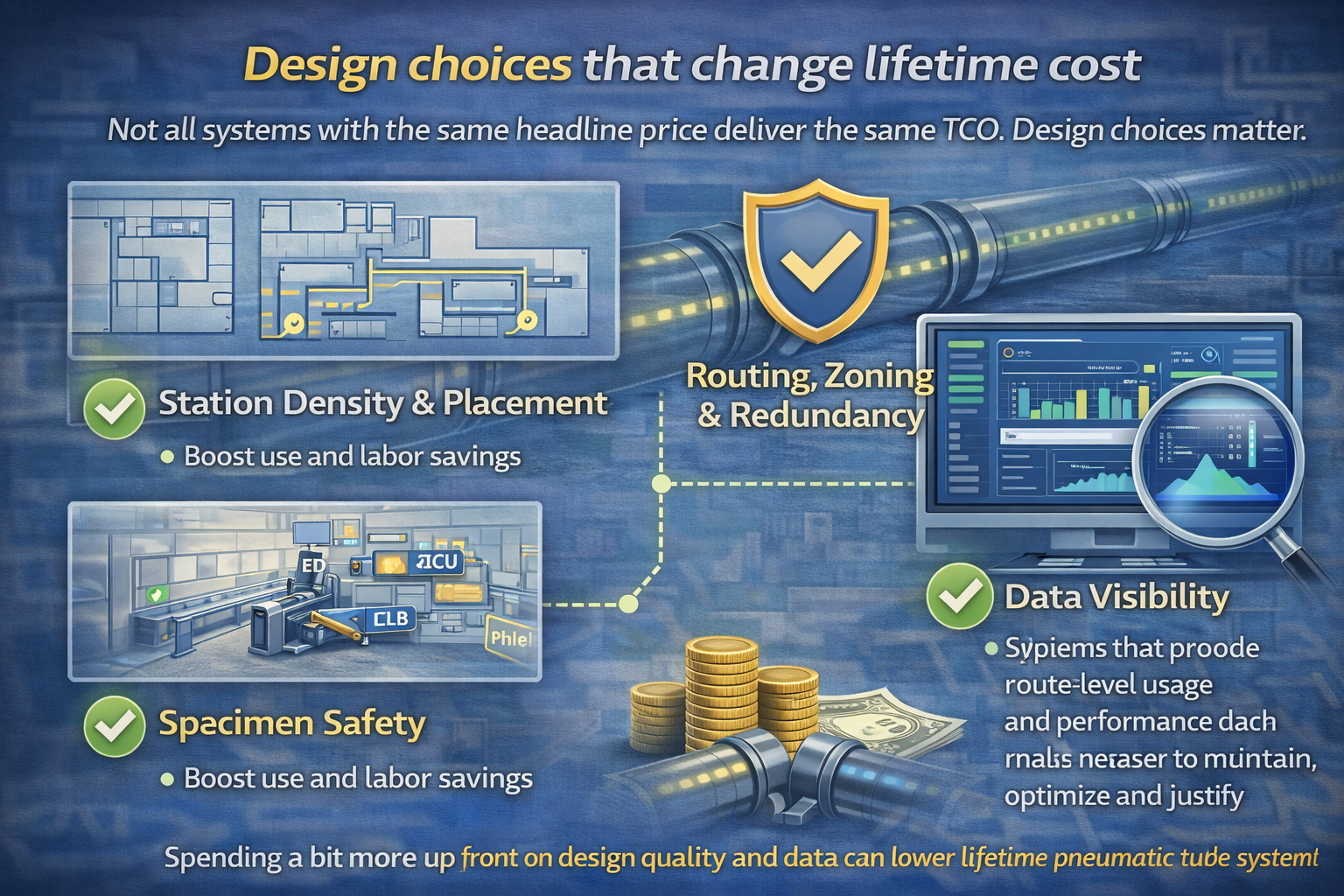 Infographic on hospital pneumatic tube system cost showing how design choices like station density and placement, routing, zoning and redundancy, specimen safety, and data visibility change lifetime pneumatic tube system cost and TCO.