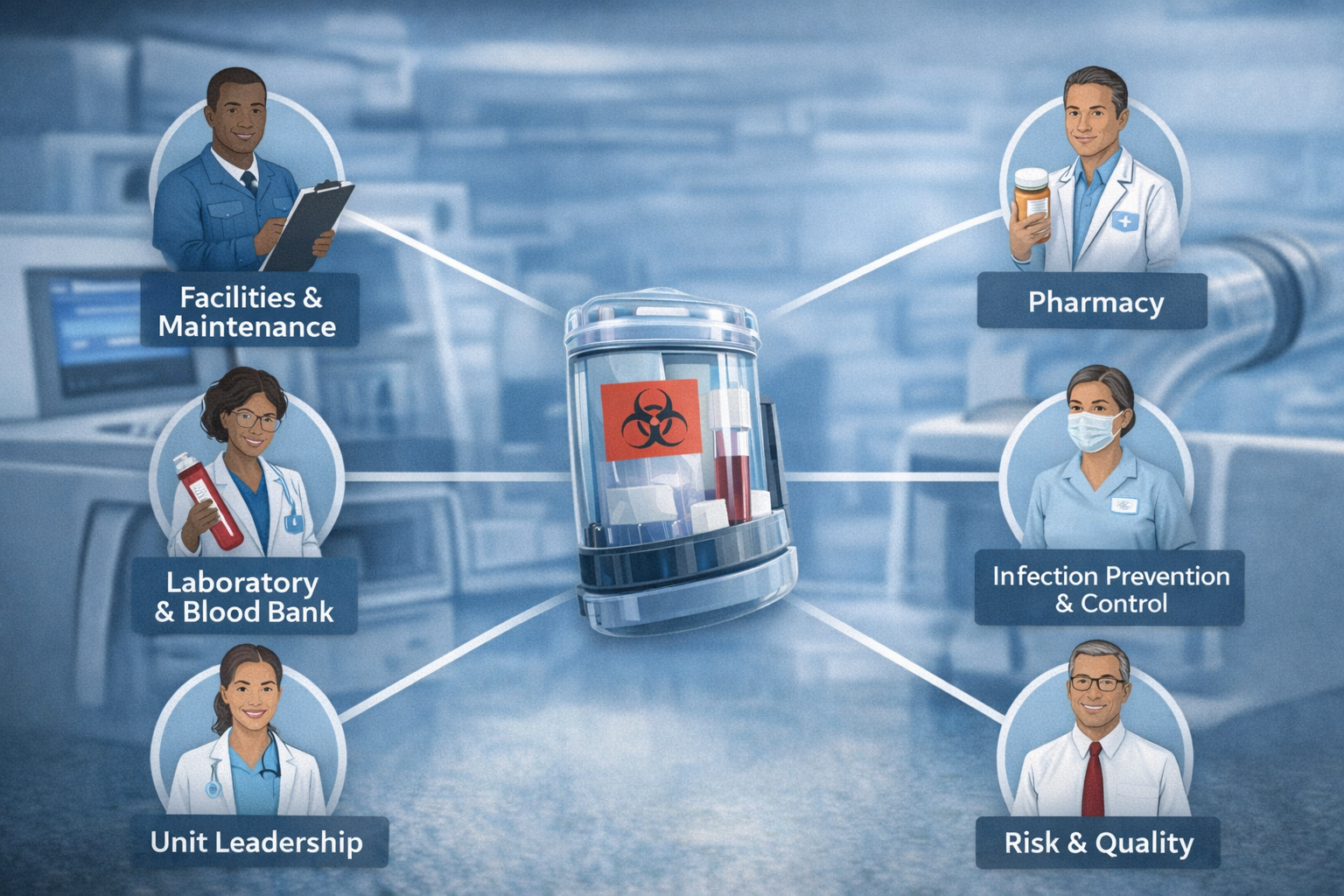 Hospital automated tube system safety audit illustration showing a specimen carrier in the center connected to Facilities & Maintenance, Laboratory & Blood Bank, Unit Leadership, Pharmacy, Infection Prevention & Control, and Risk & Quality staff.