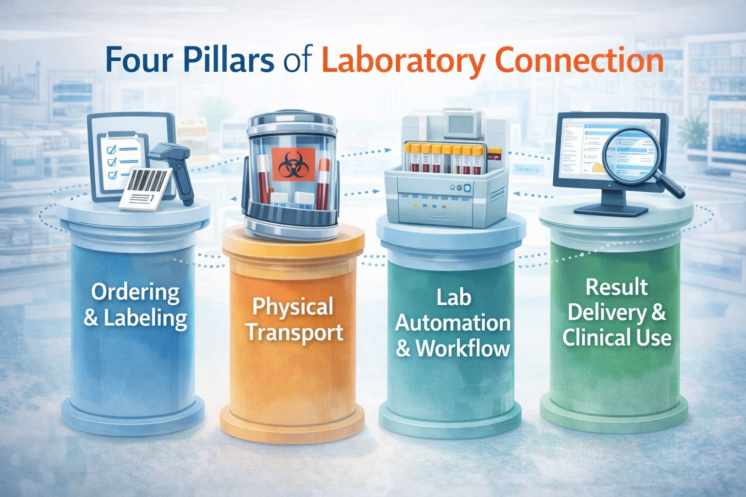 Laboratory connection graphic showing four pillars—ordering and labeling, physical transport, lab automation and workflow, result delivery and clinical use—illustrating lab integration, hospital tube system workflows, and impact on turnaround time