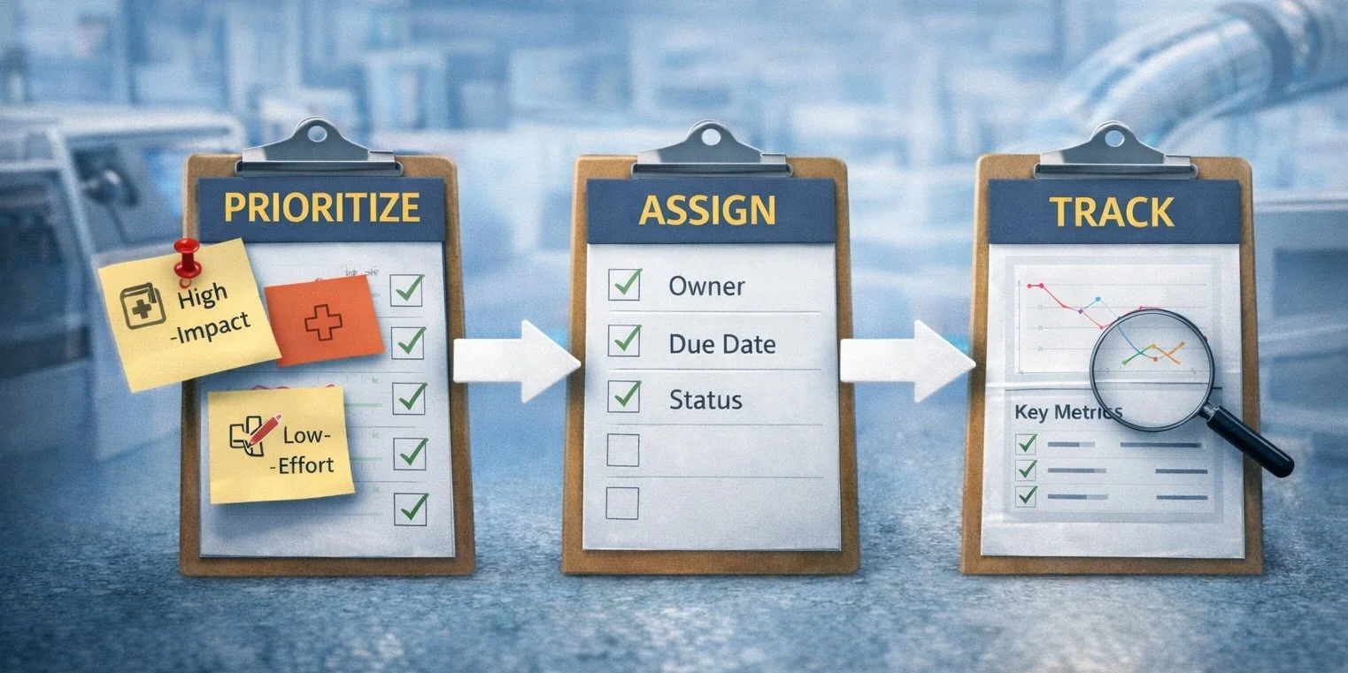 Hospital tube system safety audit workflow graphic showing three clipboards labeled prioritize, assign, and track with checklists and key metrics icons
