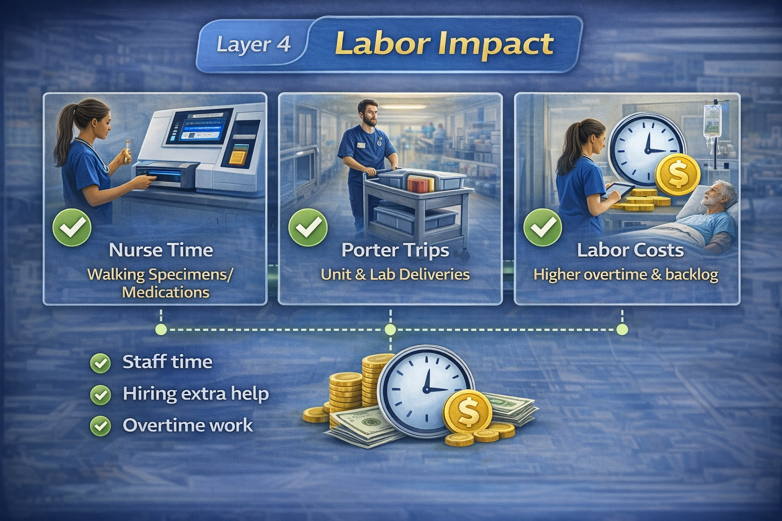 Infographic of hospital pneumatic tube system labor impact, showing reduced nurse walking time, fewer porter trips, and lower overtime labor costs.