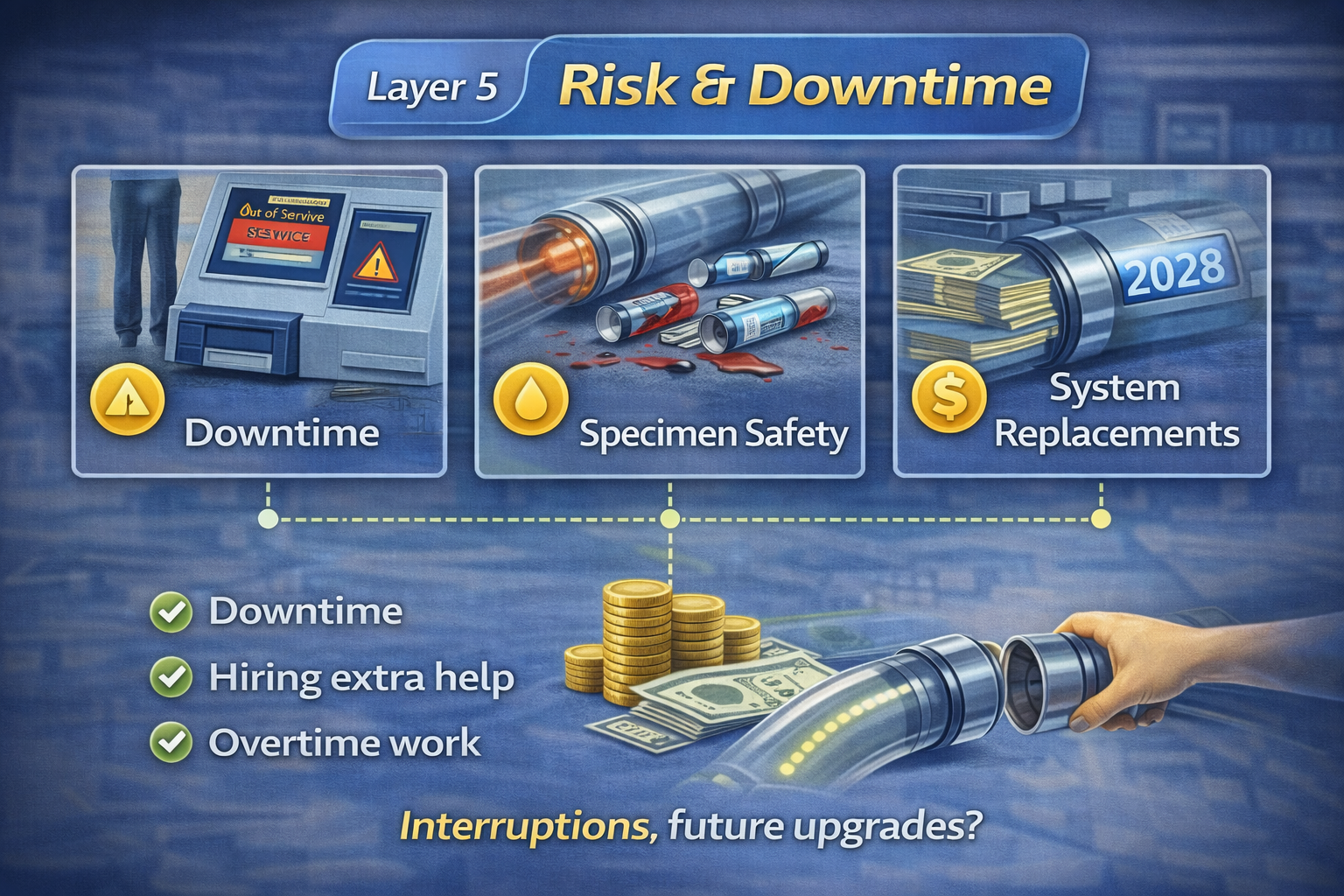 Graphic of hospital pneumatic tube system risk and downtime costs, highlighting system outages, specimen safety issues, and future replacement expenses.