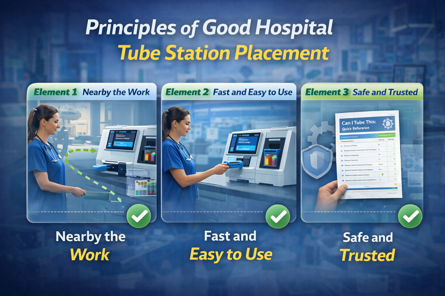 Graphic showing principles of good hospital tube station placement: station near the work, fast and easy to use, and safe and trusted by staff.