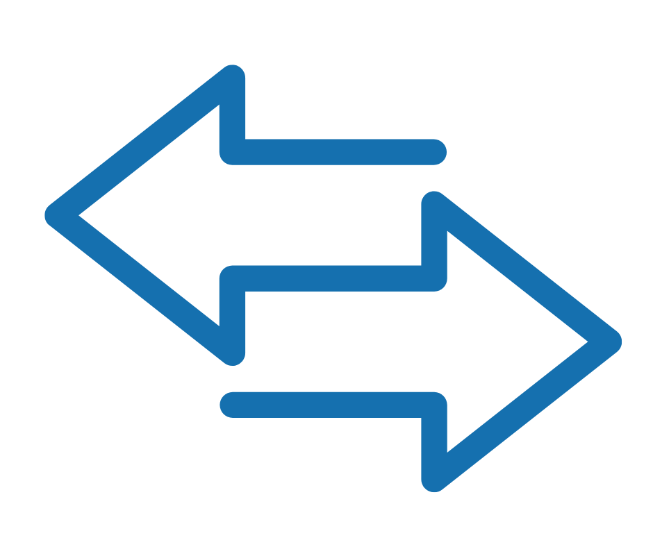 Two arrows, one pointing left and the other pointing right, interlocked and outlined in blue.