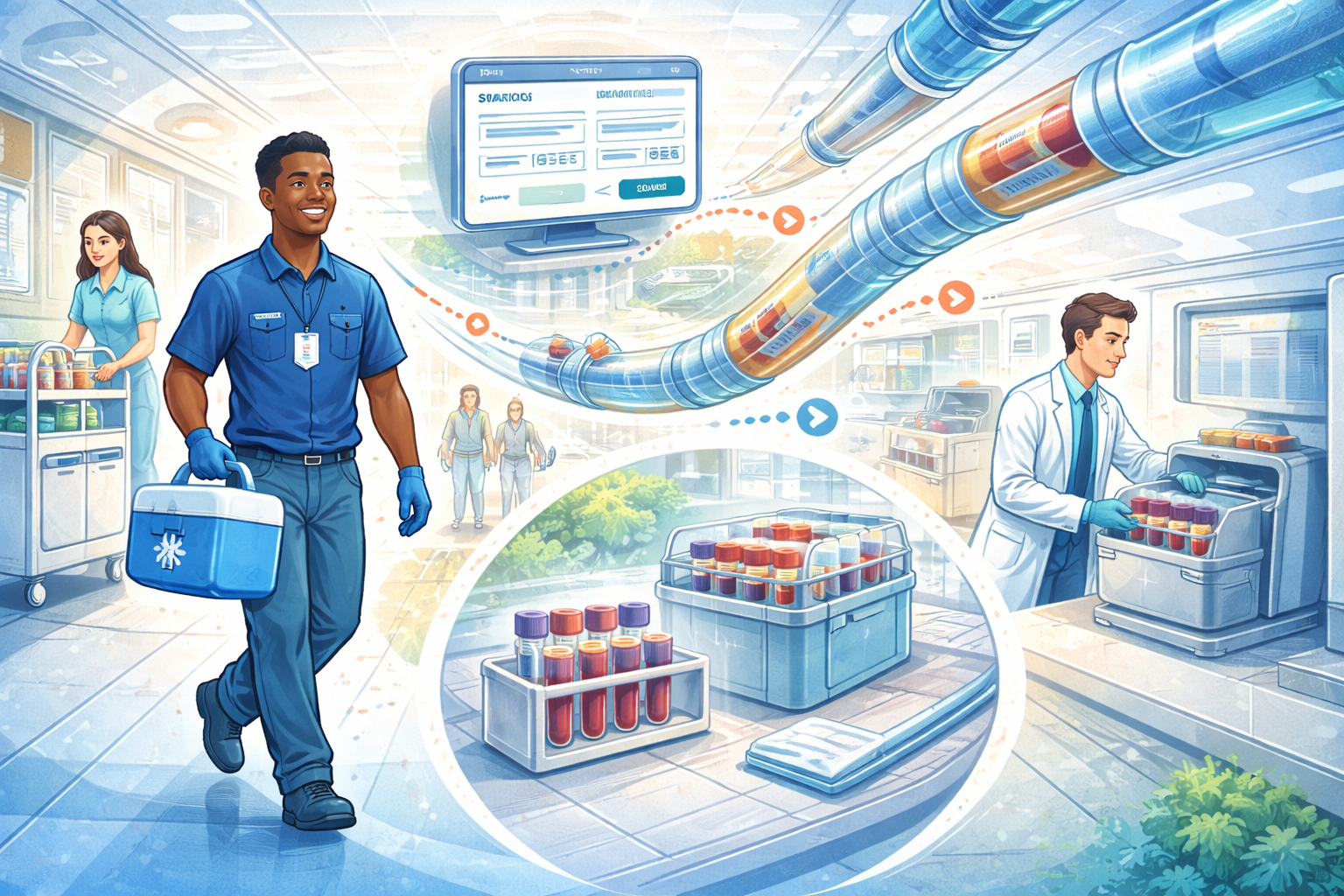 Hospital porter carrying a cooler while blood samples move through a pneumatic tube system to the lab, illustrating a lean hospital transport system with coordinated porters and tube transport.