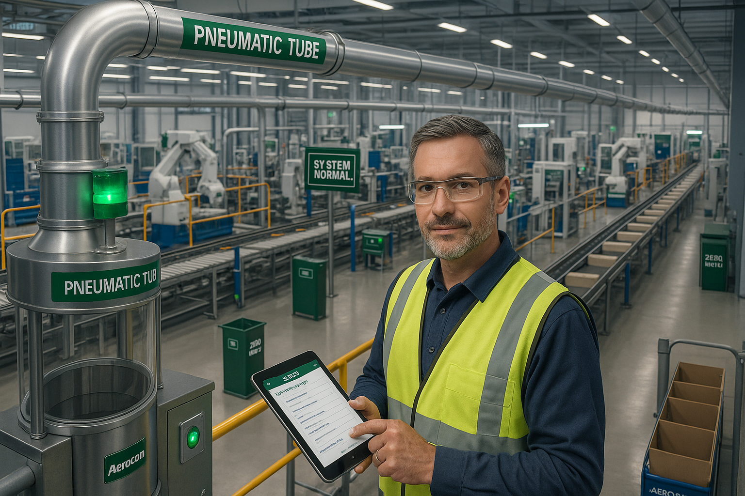A man in safety glasses and a yellow safety vest holding a tablet in an industrial factory setting with machinery and labeled pneumatic tubes.