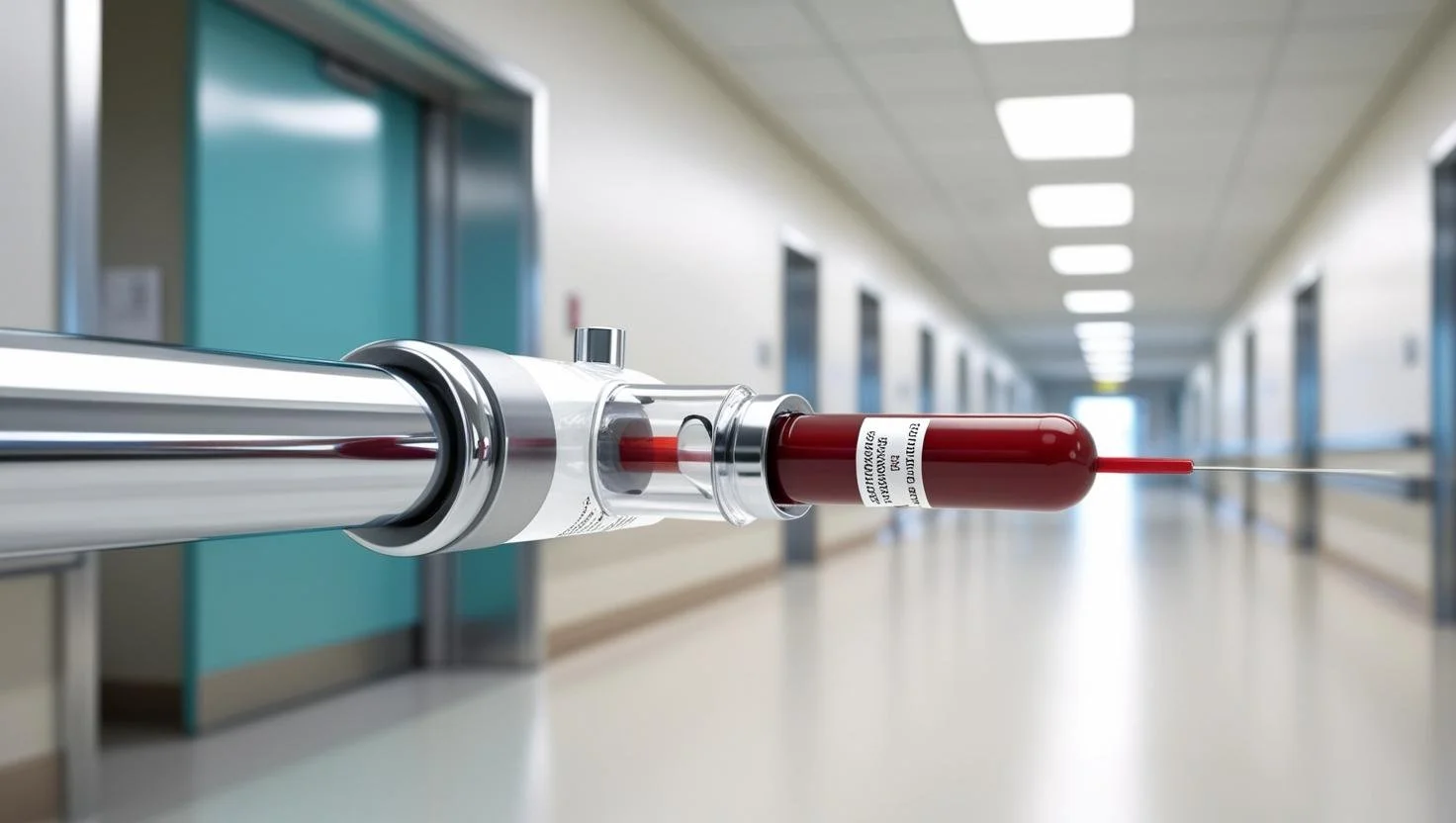 A medical syringe with a large capacity, filled with a red liquid, in a hospital corridor.