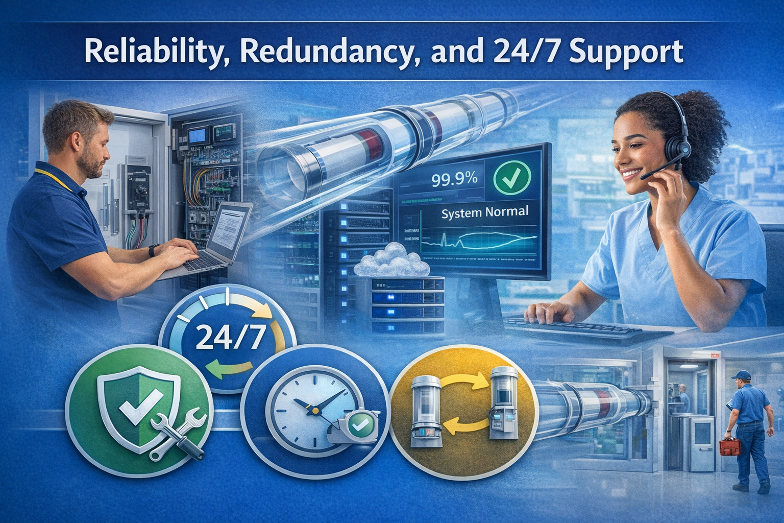 Hospital pneumatic tube system reliability graphic showing technicians, 24/7 support, and redundant tube routes keeping the system running.
