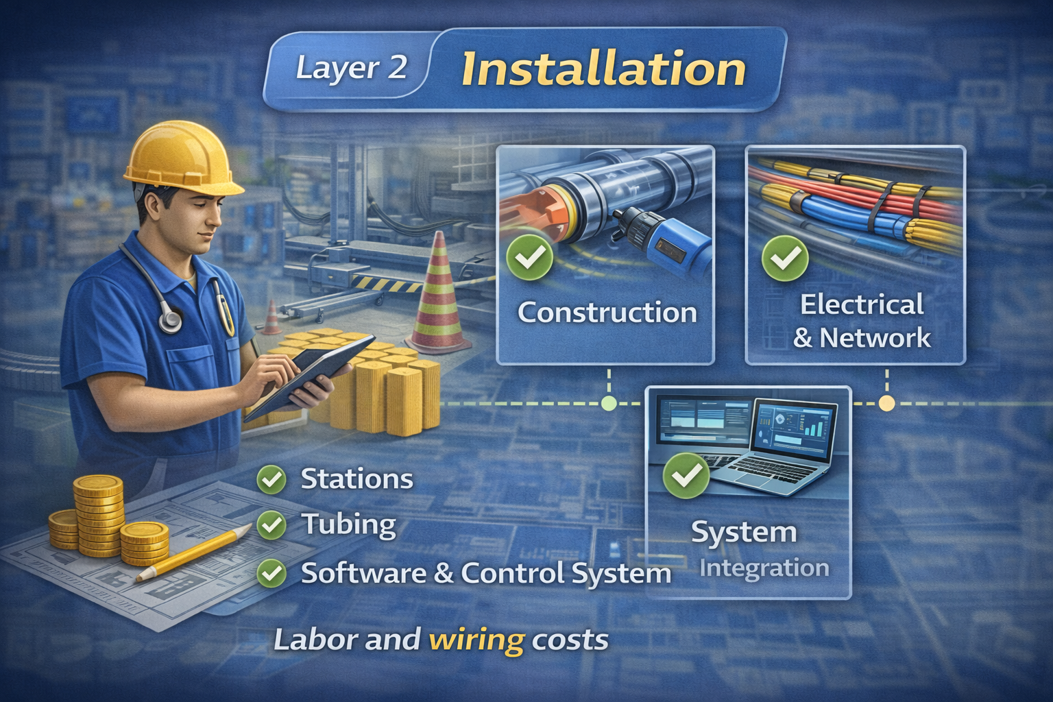 Illustration of pneumatic tube system installation costs in a hospital, showing construction work, electrical and network wiring, and system integration.