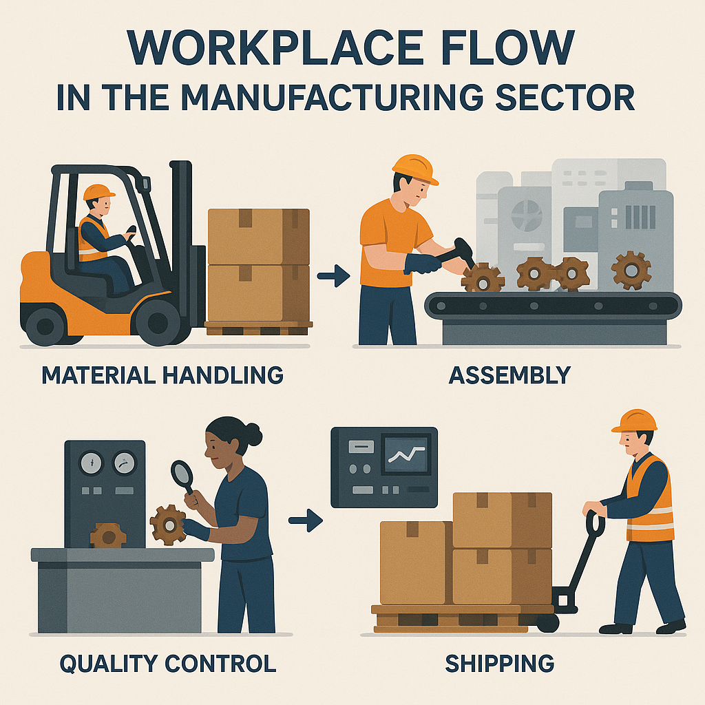 An infographic showing workplace workflow in manufacturing: material handling with a forklift and worker, assembly with a worker using a hammer, quality control with a woman inspecting gears, and shipping with a worker pushing a pallet jack. Each step includes illustrations and labels.