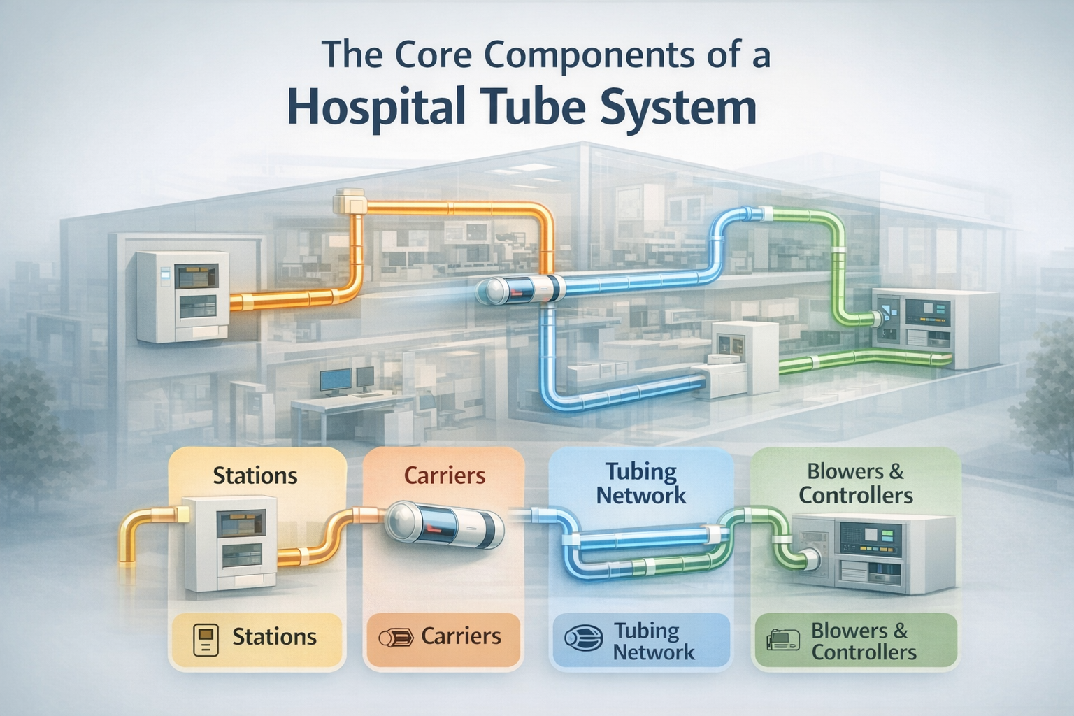 Illustration of the core components of a hospital tube system—stations, carriers, tubing network, and blowers and controllers—overlaid on a hospital building to show how carriers move between departments.”