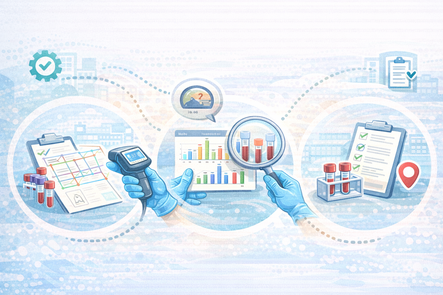 Infographic with three panels—a route map, gloved hands checking sample temperature, and a tablet showing blood tube quality data—illustrating monitoring of blood transportation and hemolysis.