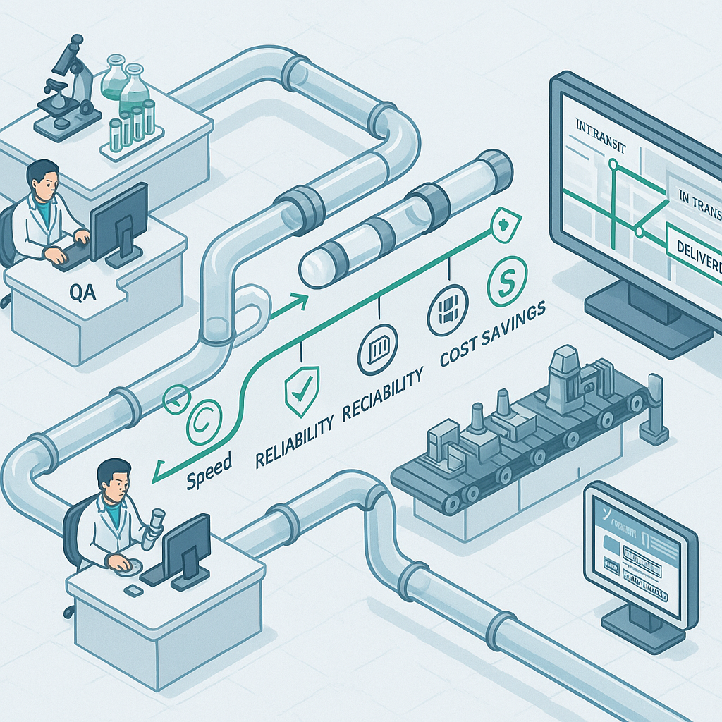 A digital illustration of a manufacturing or quality control process with scientists working at computers, laboratory equipment, pipe systems, and monitoring screens displaying data and graphs related to speed, reliability, and cost savings.