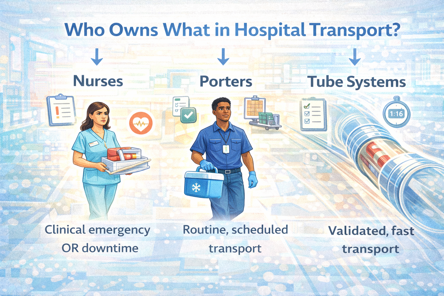 Infographic titled ‘Who Owns What in Hospital Transport?’ showing a nurse with trays labeled clinical emergency or downtime, a porter with a cooler labeled routine scheduled transport, and a pneumatic tube system labeled validated fast transport.