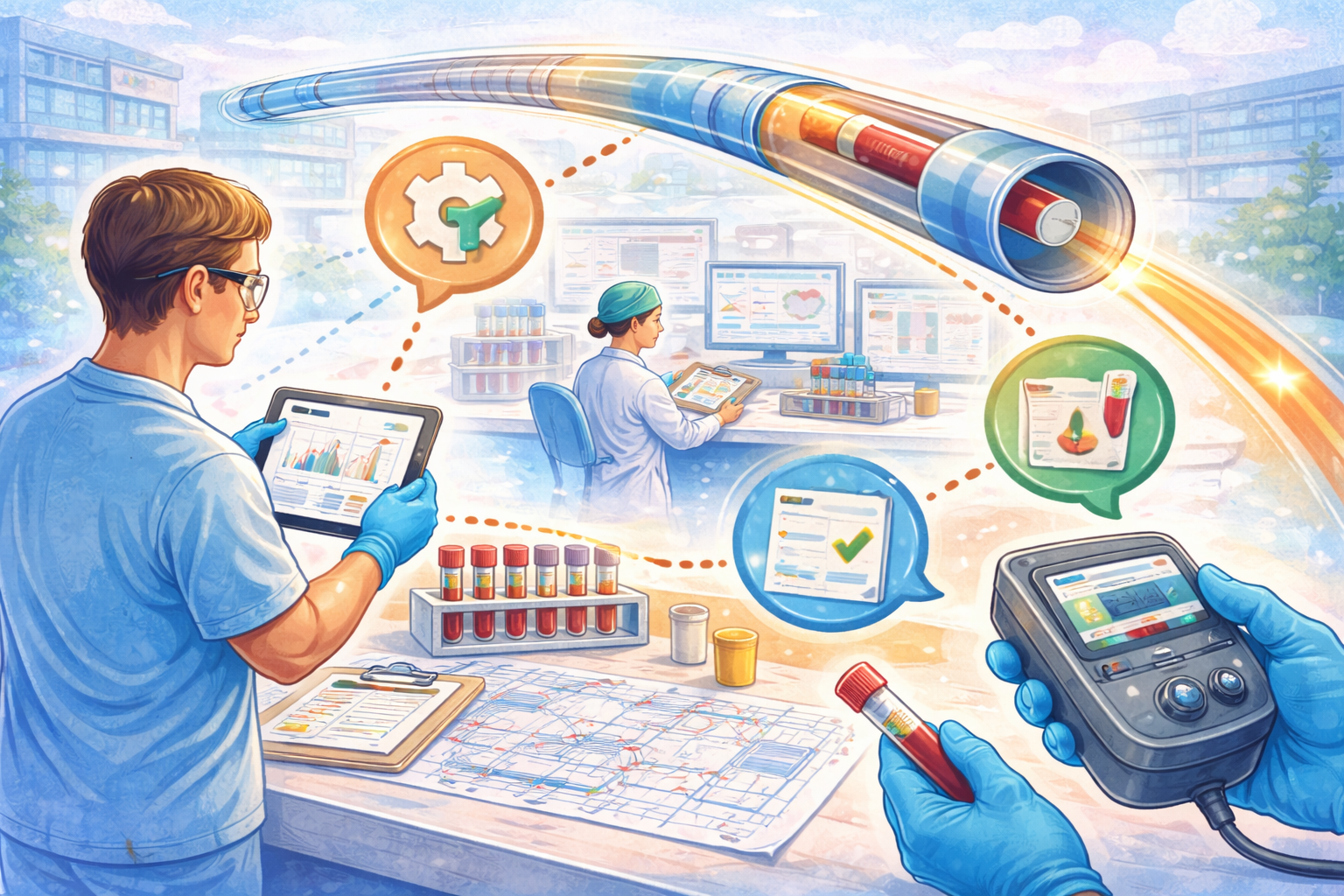 Diagram of a hospital pneumatic tube system connecting wards to the lab, with staff reviewing blood samples and route maps to monitor pre‑analytical quality.