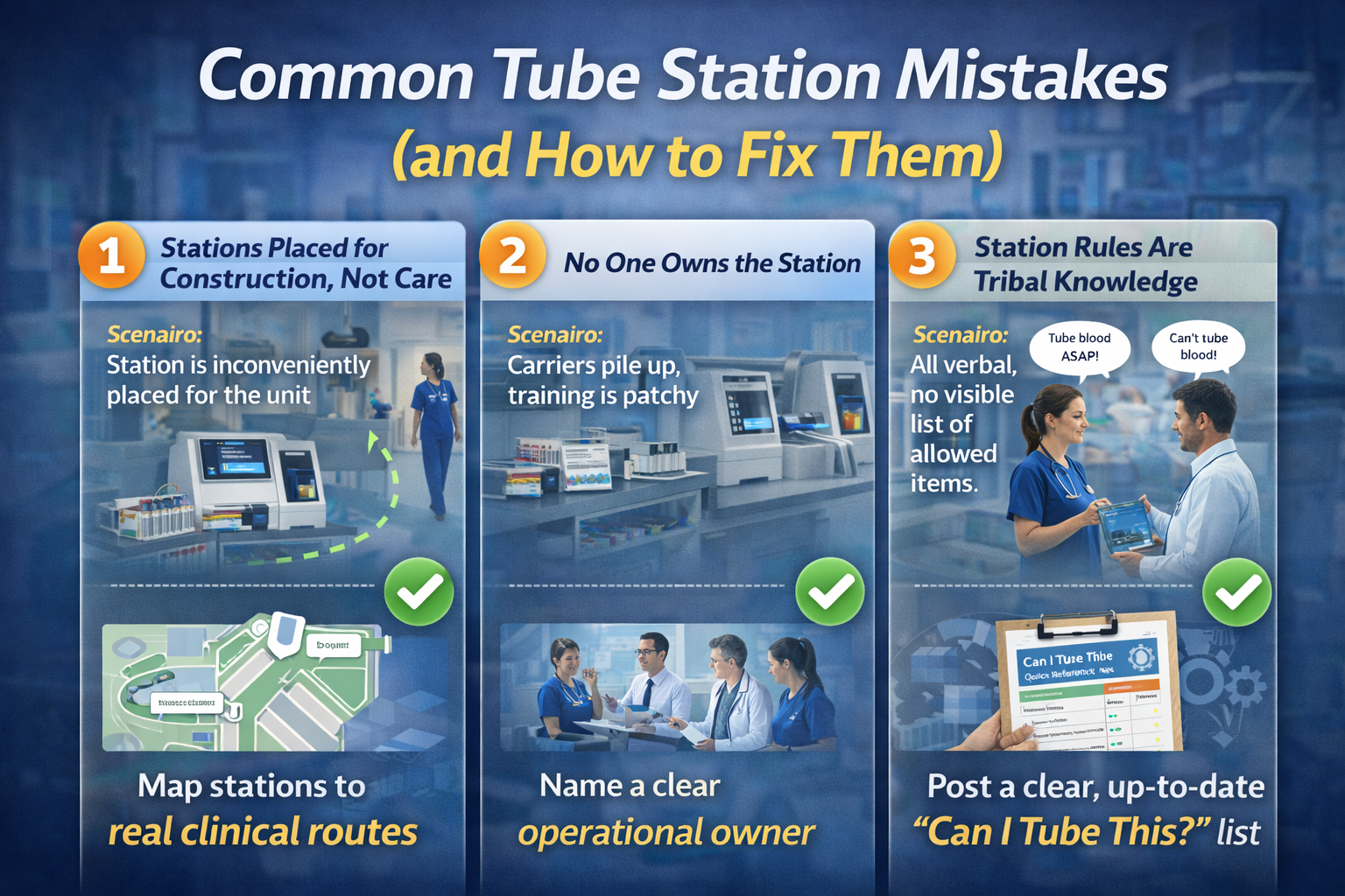 Infographic of common hospital tube station mistakes—poor placement, no clear owner, and unclear rules—with fixes to improve tube station hospital performance.