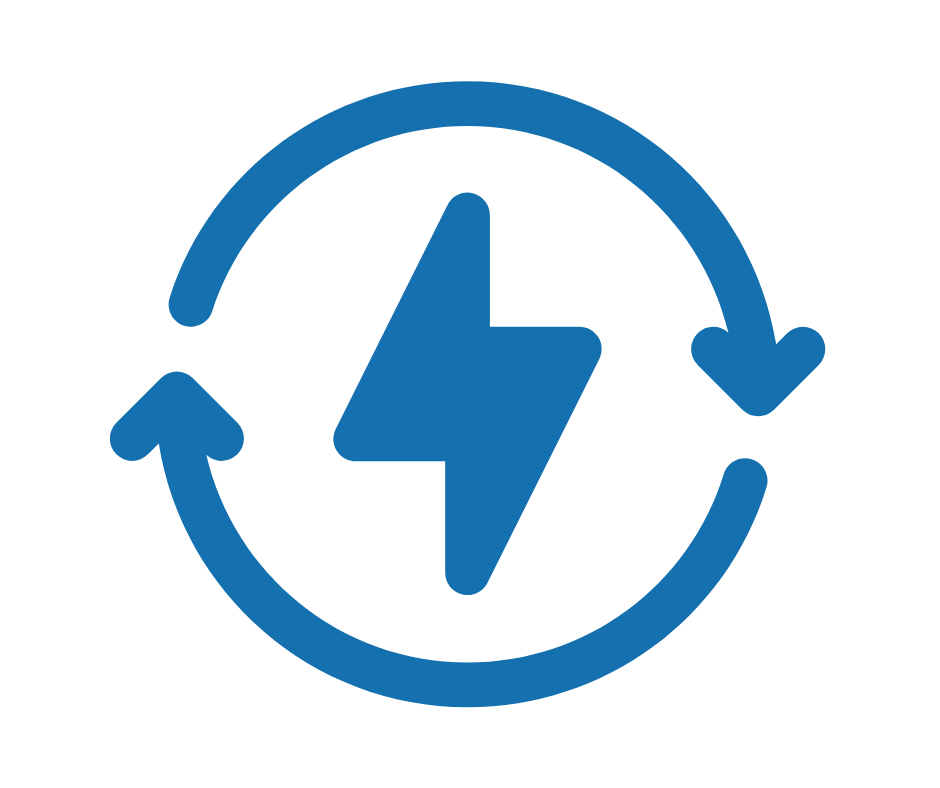 Blue icon of a lightning bolt inside a circular arrow, representing power or energy renewal.
