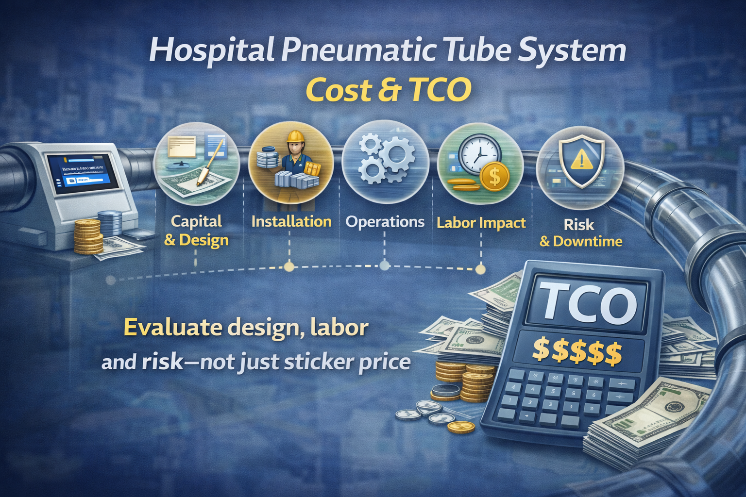 Infographic of hospital pneumatic tube system cost and TCO showing five layers: capital and design, installation, operations, labor impact, and risk and downtime.”