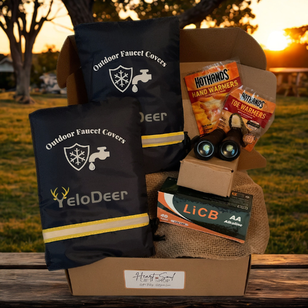 Hot Hands hand and toe warmers, a 40-pack of batteries, two flashlights, and outdoor faucet covers for protection against heat and cold.