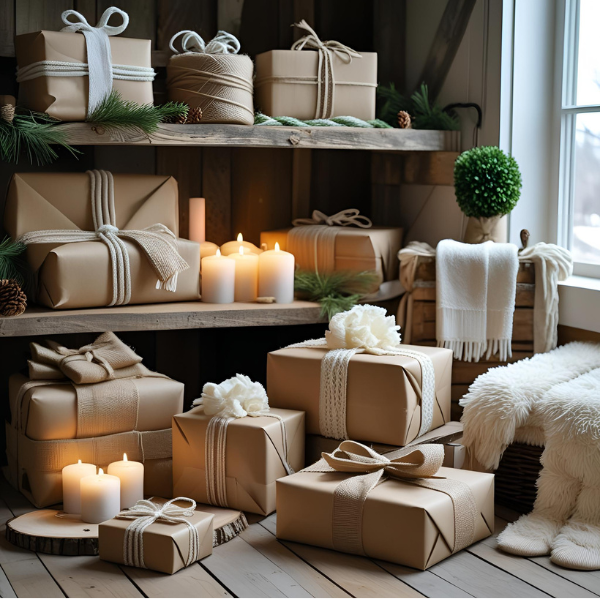 Festive holiday scene with wrapped gifts, candles, greenery, and cozy decor in a warmly lit room.
