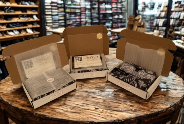 Three open shoeboxes with fabric face masks inside, sitting on a wooden table in a clothing store.