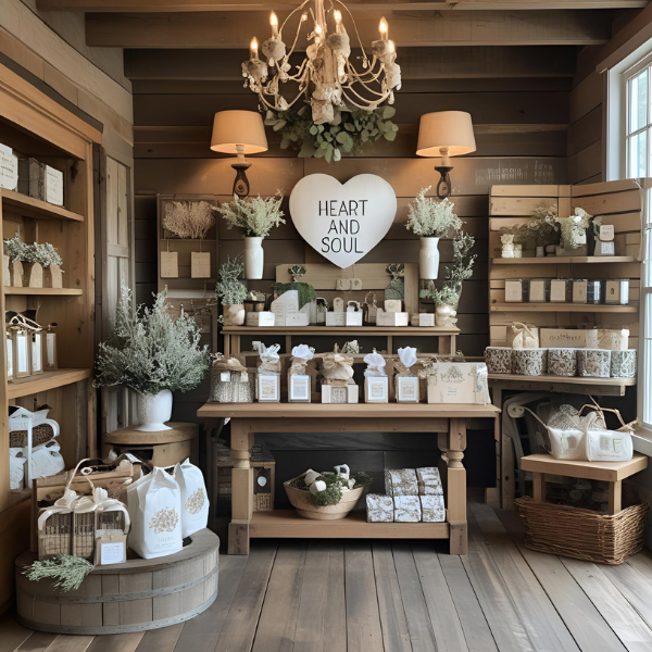 Display of rustic home decor and gifts, including candles, baked goods, and floral arrangements, with a heart-shaped sign reading 'Heart and Soul' on a wooden wall inside a cozy shop.