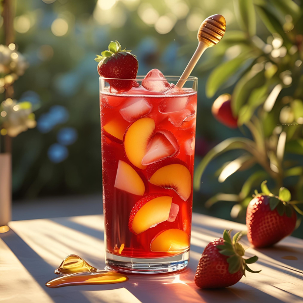 A tall glass of red fruit punch with ice, strawberries, peach slices, a strawberry on top, and a honey dipper inside. Fresh strawberries and honey on a wooden surface outdoors.