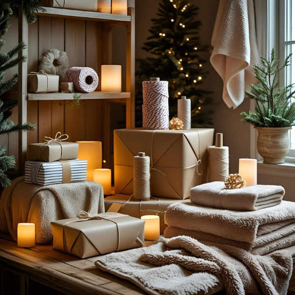 Wrapped Christmas gifts, candles, and cozy blankets in a warmly lit room with a Christmas tree in the background.