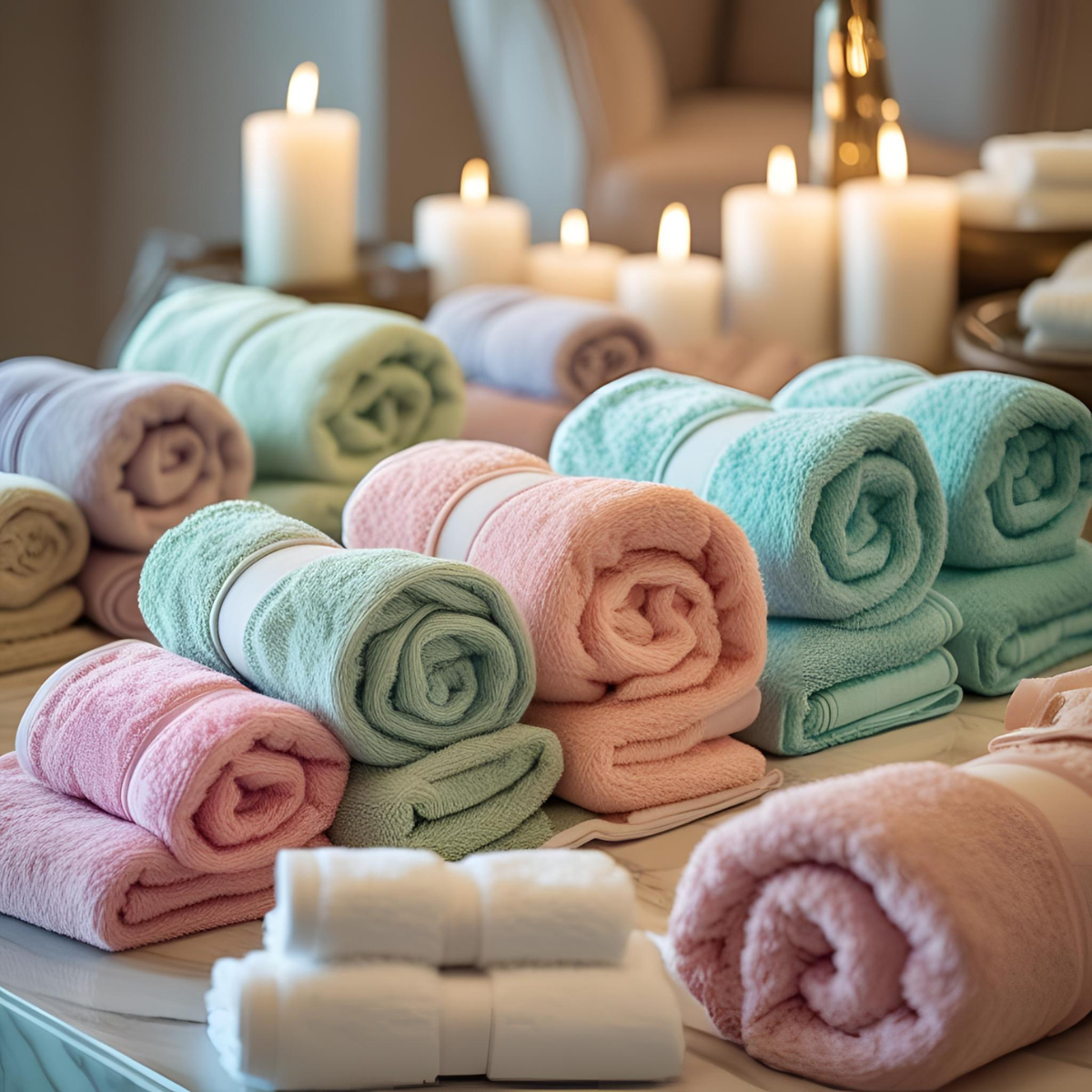 Stacked pastel-colored towels, some rolled and some folded, on a table with lit candles in the background.