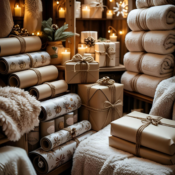 Decorative holiday gift wrapping station with wrapped presents, rolls of wrapping paper, and folded towels surrounded by candles and festive decorations.