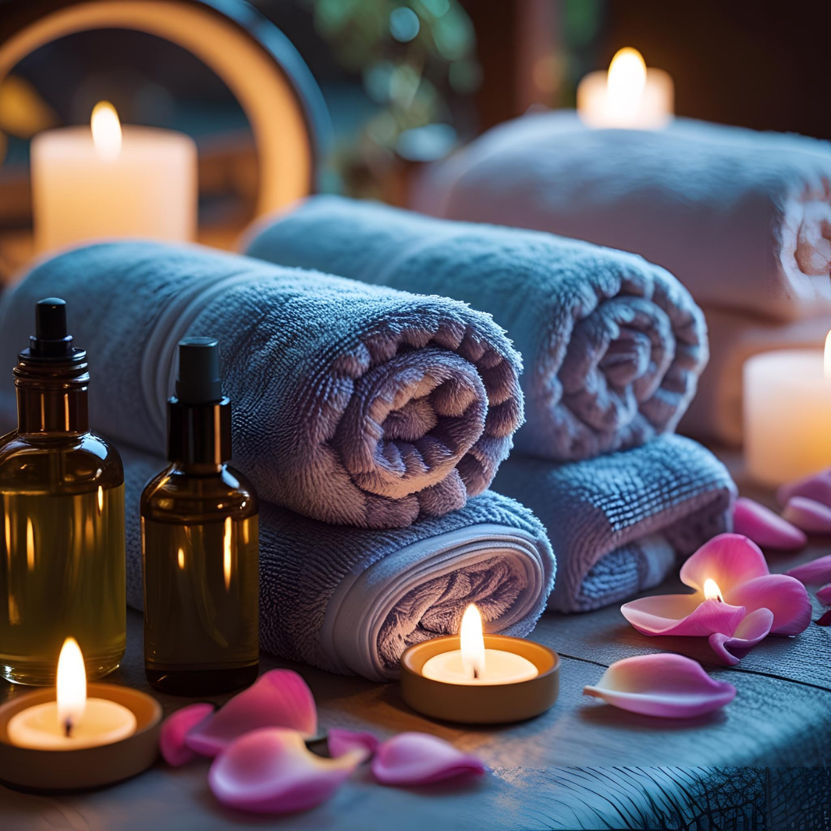 Rolled towels, candles, rose petals, and essential oils in a spa setting.